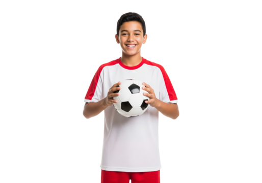 A young boy, smiling confidently and holding a soccer ball, embodying enthusiasm for the sport.