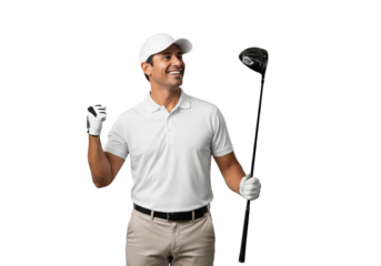 A golfer is smiling while holding a golf club and wearing a golf glove and a cap