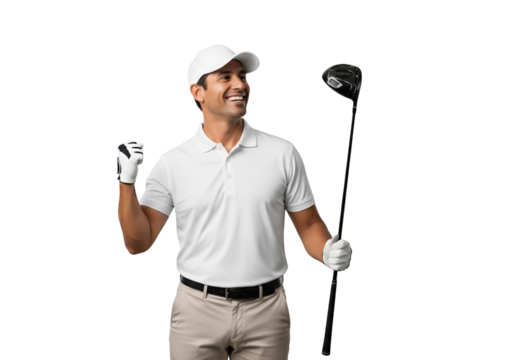 A golfer is smiling while holding a golf club and wearing a golf glove and a cap