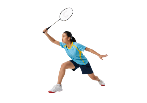 A badminton player strikes the shuttlecock with intense focus and athleticism. The image captures the dynamic movement and skillful technique involved in the game