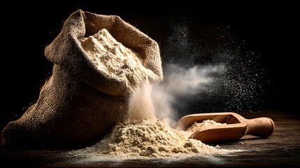Powder pours from burlap sack with wooden scoop on table.