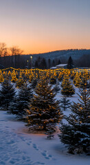 Illuminated Evergreen Trees in Snow at Dusk Holiday Season