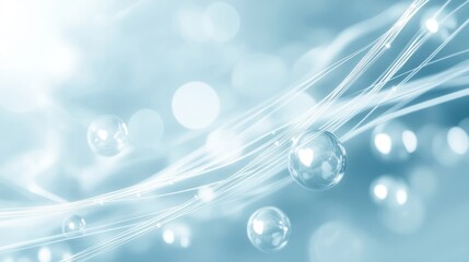 Abstract light blue background, glowing lines, spheres, bokeh.  Website banner, design element