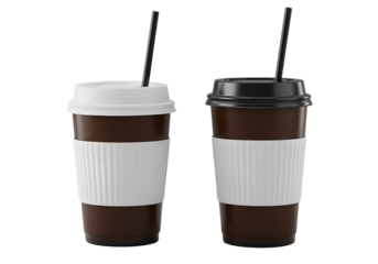 Two disposable coffee cups with straws isolated on transparent background