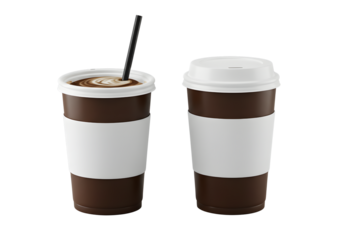 Two disposable coffee cups with straws isolated on transparent background