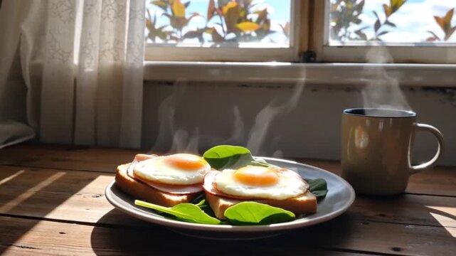 Savoring a delicious breakfast plate featuring poached eggs and ham