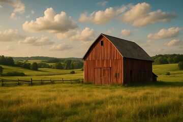 Obraz premium Rustic red barn in countryside field at sunset