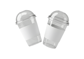 Two clear plastic cups with dome lids isolated on transparent background