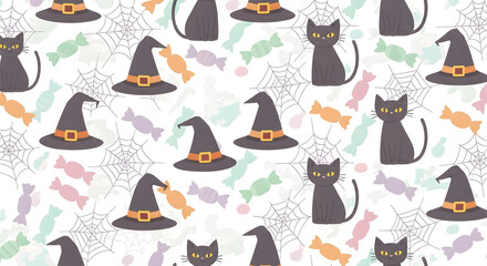 Halloween Pattern with Black Cats, Witch Hats, and Candy