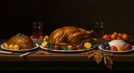 Traditional Thanksgiving Feast with Roasted Turkey and Fruits
