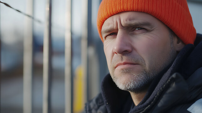 Focused man in orange hat. Close-up portrait of a middle-aged person wearing a knitted cap, looking thoughtful against a blurred fence backdrop.