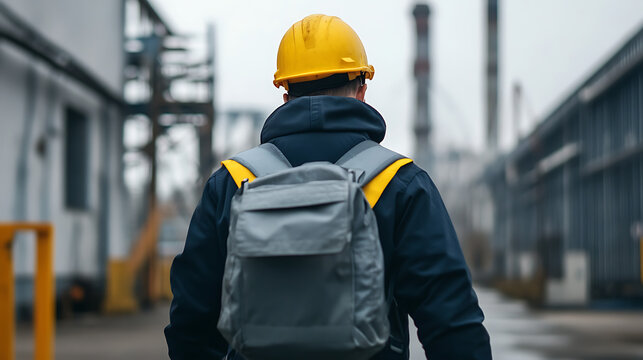 Construction worker walking away from camera in an industrial setting wearing a hard hat and carrying a grey backpack with yellow straps.