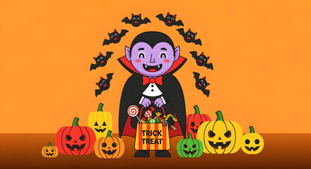 Cartoon Vampire with Candy and Pumpkins for Halloween