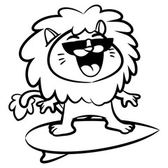 A fun cartoon of a surfing lion wearing sunglasses and conquering the waves. This vector illustration is perfect as a outline, logo, or coloring book for brands with a summer or beach theme