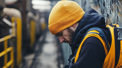 Pensive man wearing a yellow beanie, gazing downward, against industrial backdrop with yellow elements and chain-link fence.