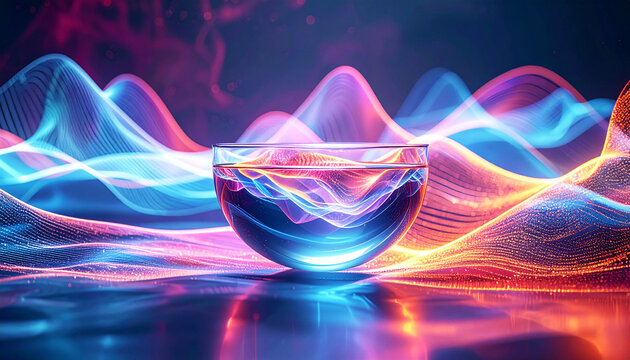 Abstract composition of glowing sound waves surrounding a crystal bowl, symbolizing energy, vibration, and frequency healing. Neon colors flow dynamically, evoking meditation, sound bath, and balance