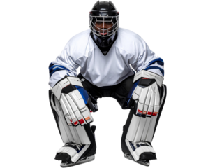 Professional Ice Hockey Goalie Wearing Full Protective Gear and Helmet, isolated on transparent background, PNG