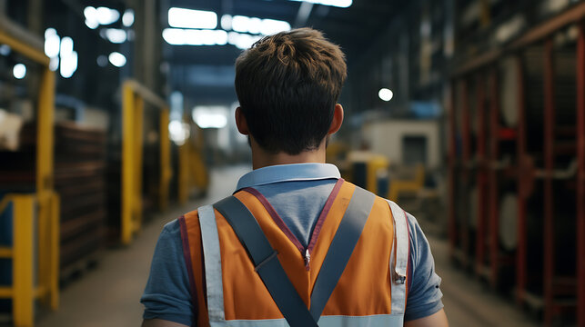 Worker navigating a manufacturing facility, ensuring safety with high-visibility gear in a busy industrial setting. - Powered by Adobe