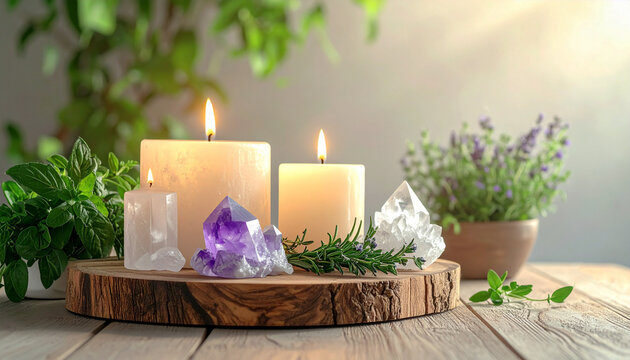 Arrangement of healing crystals, herbs, and glowing candles on a wooden altar under soft natural light, symbolizing spiritual balance, meditation, and holistic energy for wellness and harmony - Powered by Adobe