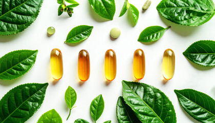 Flat lay composition of herbal supplement capsules, softgel vitamins, and fresh green tea leaves on a clean white background, symbolizing natural health and organic wellness balance