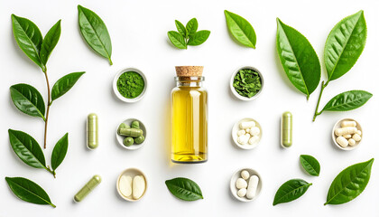 Flat lay composition of herbal supplement capsules, softgel vitamins, and fresh green tea leaves on a clean white background, symbolizing natural health and organic wellness balance