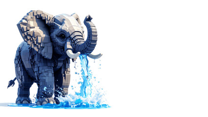 Large blue elephant mammal illustration, a wild pachyderm with trunk isolated walking in the waves and the sky