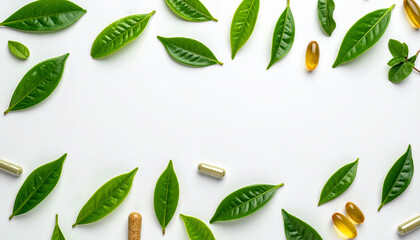 Flat lay composition of herbal supplement capsules, softgel vitamins, and fresh green tea leaves on a clean white background, symbolizing natural health and organic wellness balance