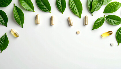 Flat lay composition of herbal supplement capsules, softgel vitamins, and fresh green tea leaves on a clean white background, symbolizing natural health and organic wellness balance