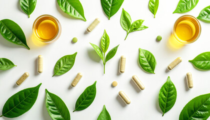 Flat lay composition of herbal supplement capsules, softgel vitamins, and fresh green tea leaves on a clean white background, symbolizing natural health and organic wellness balance