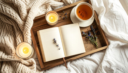 Cozy flat lay of an open journal with dried flowers, herbal tea, and a candle on a wooden tray. Warm light and soft textures evoke a peaceful morning routine, mindfulness, and slow living atmosphere