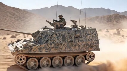 Gen Turbo zooms in slow pan over a military tank driving through desert terrain during bright daylight