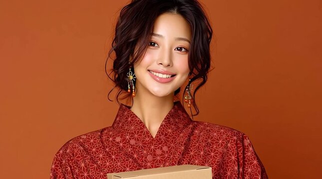 woman in kimono holding box, Young East Asian woman in patterned red kimono holding a cardboard box. Warm orange background, styled hair, and earrings. Concept: traditional fashion, gift giving, cultu