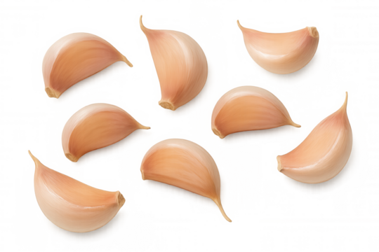 Separated garlic cloves offering a fresh, pungent cooking ingredient and natural seasoning, transparent background