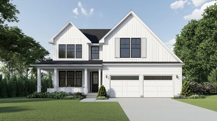 White two-story home exterior with lawn, surrounded by trees, for real estate ads