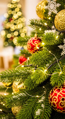 Decorating Christmas Tree with Ornaments and Lights for Holiday Season
