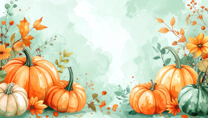 Naklejka premium Autumn banner with green and orange pumpkins and fall leaves, symbol for thanksgiving and harvest time, watercolor illustration banner with copy space for website or printed card, ripe winter squash