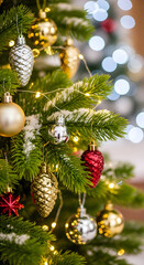 Decorated Christmas Tree Close-up with Lights and Ornaments