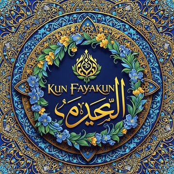 Kun faya kun calligraphy in floral wreath on blue and gold background