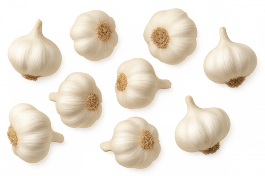 Fresh whole garlic bulbs floating, ready for cooking and adding strong flavor to healthy meals on transparent background - Powered by Adobe