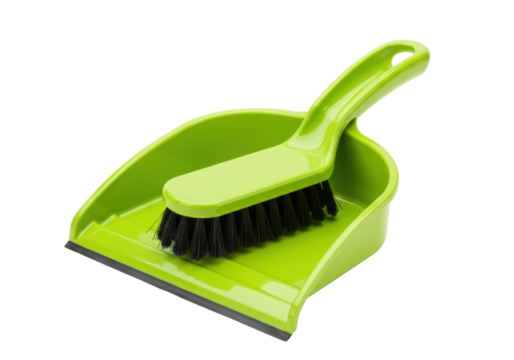 Isolated green dustpan and brush set for cleaning home or office, cleaning tools, cleaning equipment