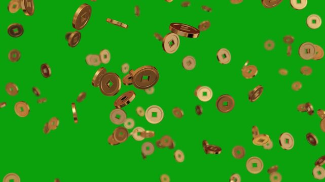 Gold chinese coin sign symbol falling down - 3D Render. Golden coins falling, green screen background. 3D animation. Glowing gold yuans falling from the top of the frame semaless loop. Casino concept