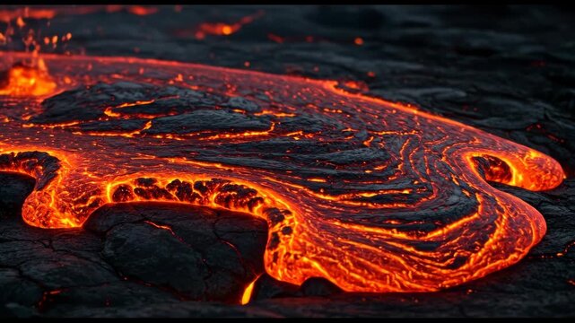 Flowing molten lava on dark volcanic rock surface, bright fiery glow