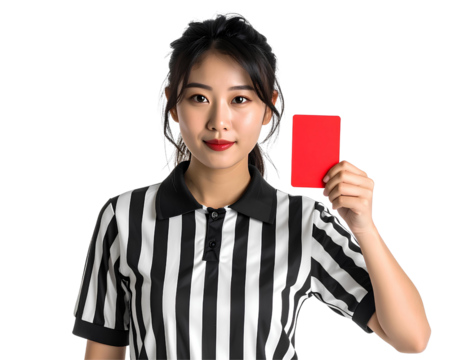 Soccer Referee Showing a Red Card While Wearing Black and White Striped Uniform, isolated on transparent background, PNG - Powered by Adobe