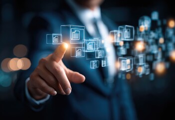 Fototapeta premium A hand points to a digital network of file icons, highlighting the interconnectedness of data and information.
