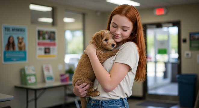 A girl hugs a dog in a shelter, promoting pet adoption and animal rescue