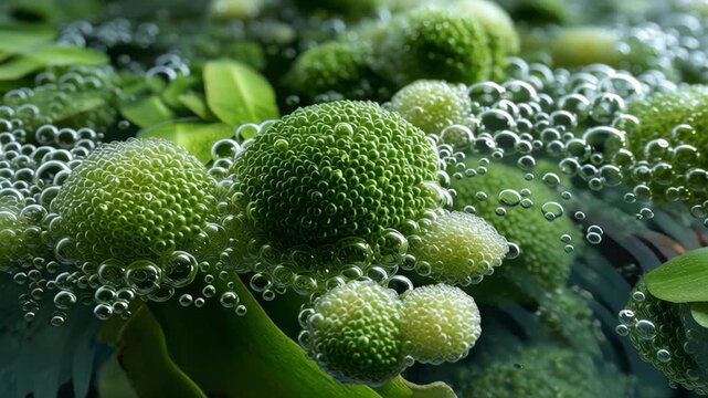 Green algae floating underwater with bubbles and aquatic plants creating fresh natural water scene in nature environment