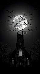 Bats Flying Over Old Church at Night Under Full Moon