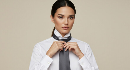 Person adjusting tie on formal shirt, professional attire and business preparation