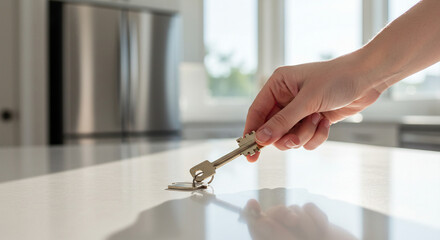 New home key on counter in modern kitchen with bright daylight, homeownership and real estate concept