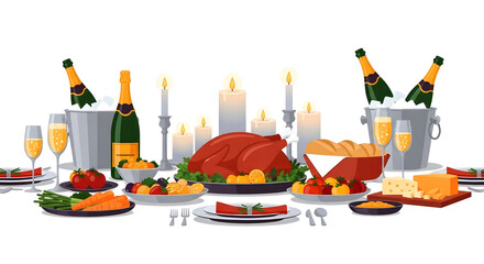 Festive Holiday Dinner Table with Roasted Turkey and Champagne Celebration